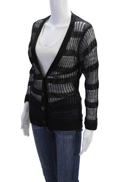 Tracy Reese Womens V-Neck Distress Open Knit Cardigan Sweater Top Black Size S