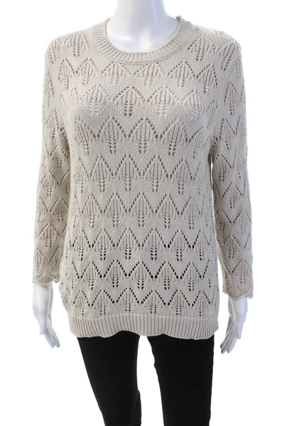 Saks Fifth Avenue Womens Long Sleeve Open Knit Crew Neck Sweater White Medium
