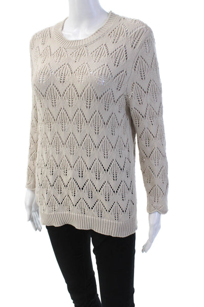 Saks Fifth Avenue Womens Long Sleeve Open Knit Crew Neck Sweater White Medium