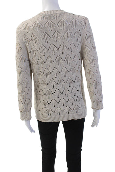 Saks Fifth Avenue Womens Long Sleeve Open Knit Crew Neck Sweater White Medium