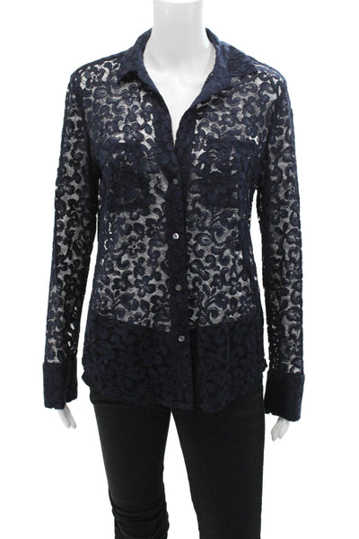 J Crew Womens Floral Lace Collar Long Sleeve Button Down Shirt Navy Blue Size 2