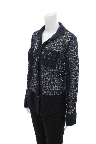 J Crew Womens Floral Lace Collar Long Sleeve Button Down Shirt Navy Blue Size 2