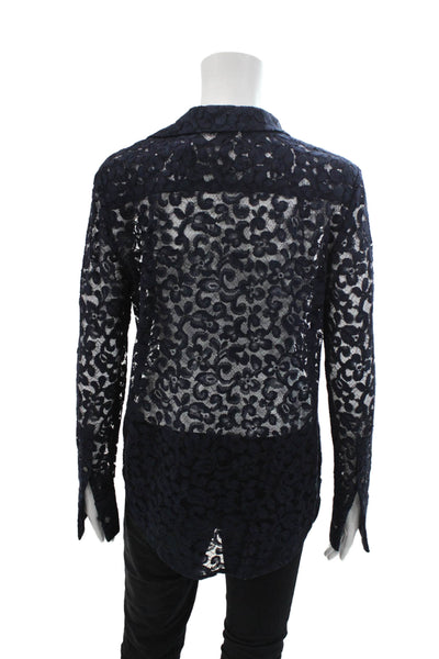 J Crew Womens Floral Lace Collar Long Sleeve Button Down Shirt Navy Blue Size 2