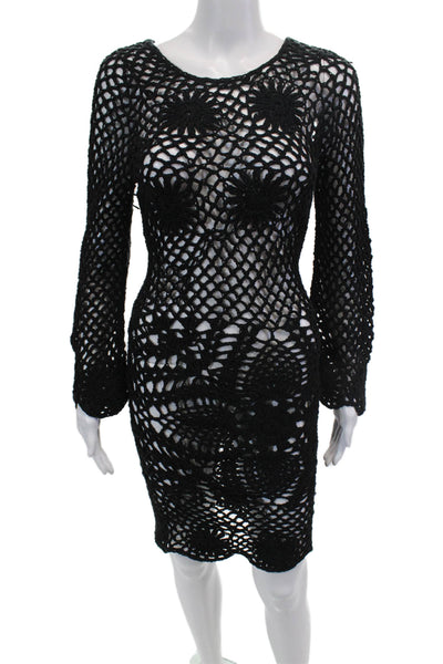 One On One Womens Crochet Knit Long Sleeve Knee Length Dress Black Size 0