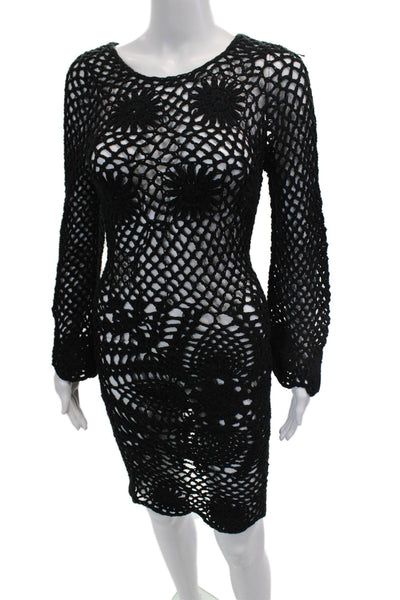 One On One Womens Crochet Knit Long Sleeve Knee Length Dress Black Size 0