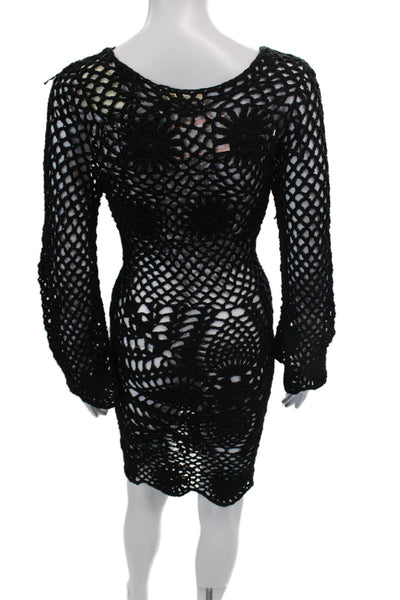 One On One Womens Crochet Knit Long Sleeve Knee Length Dress Black Size 0