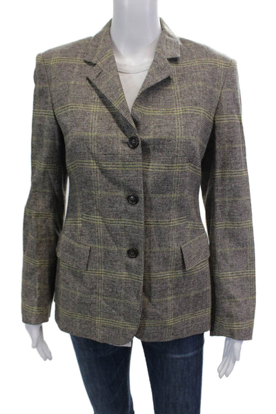 Piazza Sempione Womens Wool Plaid Three Button Long Sleeve Blazer Brown Size 40