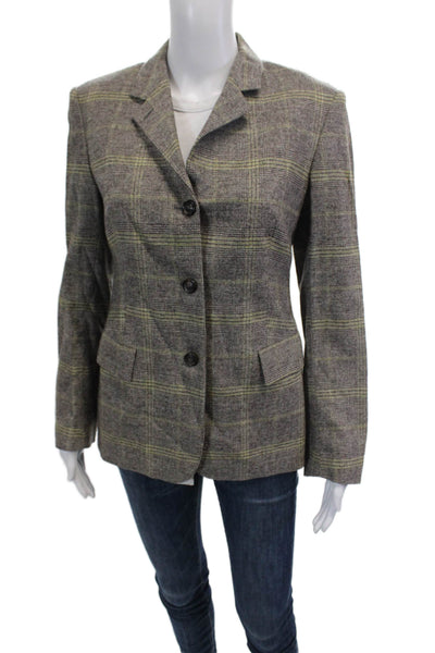 Piazza Sempione Womens Wool Plaid Three Button Long Sleeve Blazer Brown Size 40
