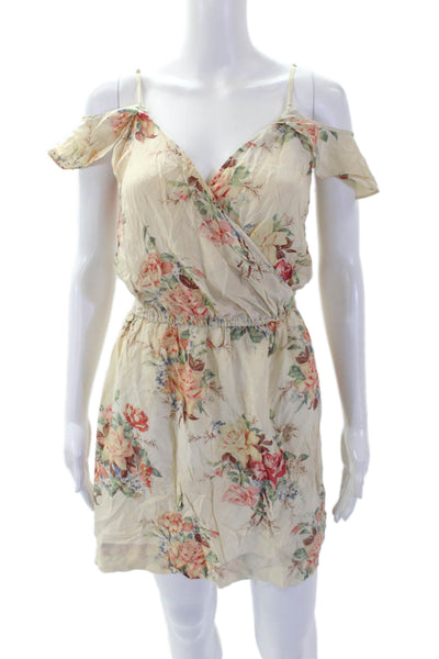 Joie Womens Silk V Neck Floral Print Off Shoulder Mini Dress Beige Size S