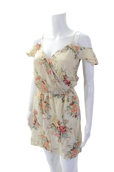 Joie Womens Silk V Neck Floral Print Off Shoulder Mini Dress Beige Size S