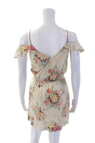 Joie Womens Silk V Neck Floral Print Off Shoulder Mini Dress Beige Size S