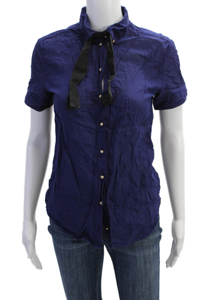 McQ Womens Short Sleeves Button Down Shirt Navy Blue Cotton Size EUR 42