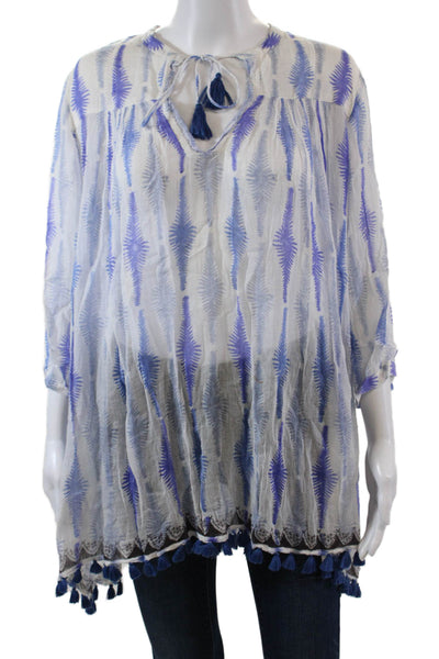 Roberta Roller Rabbit Womens Cotton Printed Tassel Tie Front Tunic Top Blue Sz M