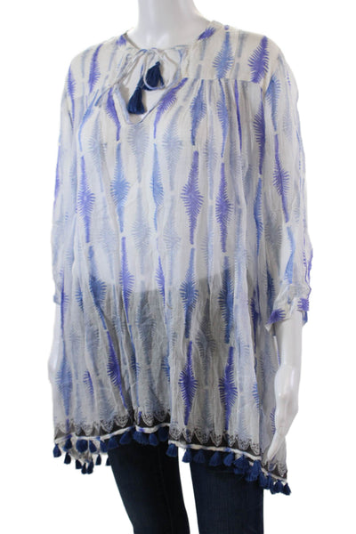Roberta Roller Rabbit Womens Cotton Printed Tassel Tie Front Tunic Top Blue Sz M