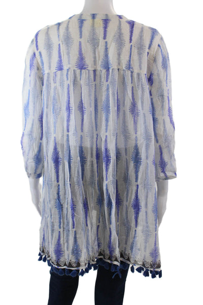 Roberta Roller Rabbit Womens Cotton Printed Tassel Tie Front Tunic Top Blue Sz M