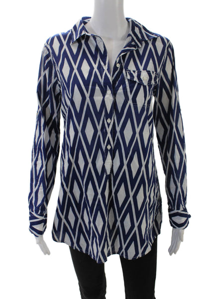 J Crew Womens Geometric Print Button Down Shirt Blue White Cotton Size Small