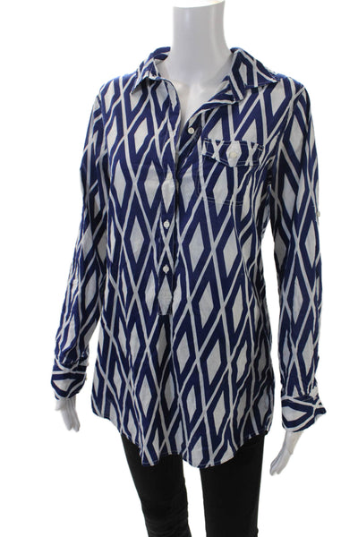 J Crew Womens Geometric Print Button Down Shirt Blue White Cotton Size Small