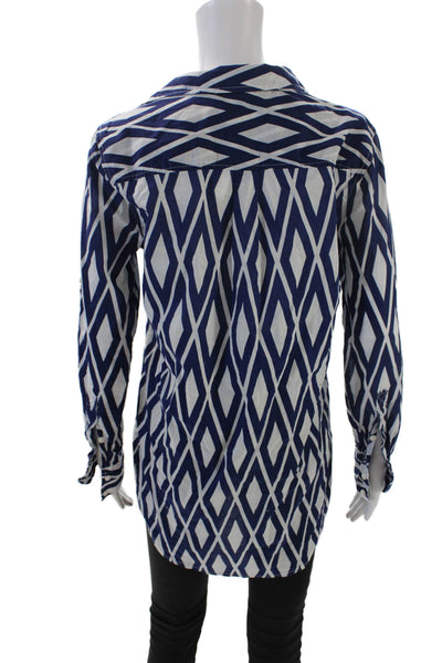 J Crew Womens Geometric Print Button Down Shirt Blue White Cotton Size Small