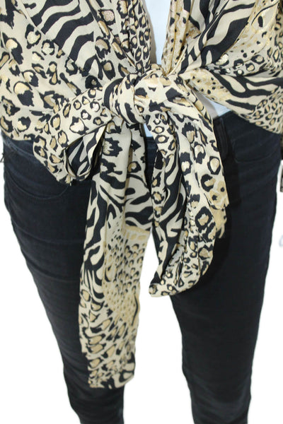 Dundas Womens Long Sleeve Metallic Leopard Zebra Wrap Top Brown Size IT 38