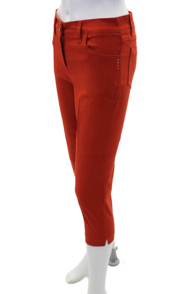 Flowery Womens Cotton Rhinstoned Detail Skinny Leg Capri Pants Orange Size 42