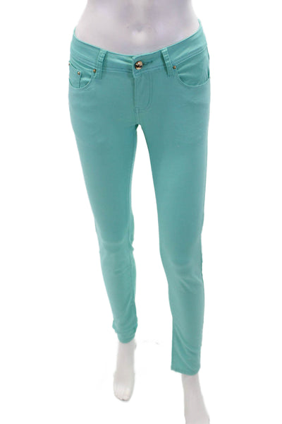 Miss Bon Bon Womens Cotton Pocketed Casual Skinny Leg Pants Aqua Blue Size M