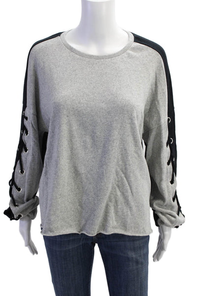 Generation Love Womens Cotton Lace Up Crew Neck Sweater Top Gray Black Size XS