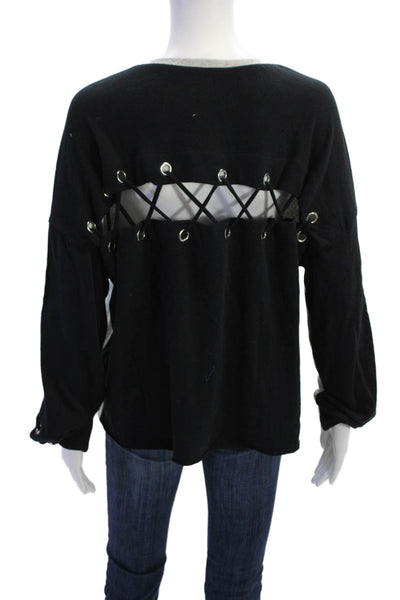 Generation Love Womens Cotton Lace Up Crew Neck Sweater Top Gray Black Size XS