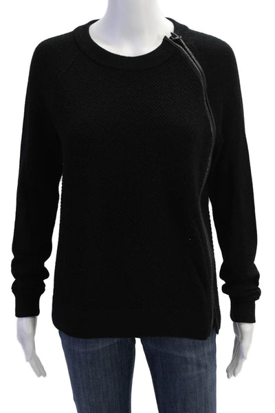 Vince Womens Wool Leather Trim Zip Front Long Sleeve Sweater Top Black Size XS