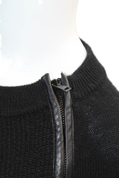 Vince Womens Wool Leather Trim Zip Front Long Sleeve Sweater Top Black Size XS
