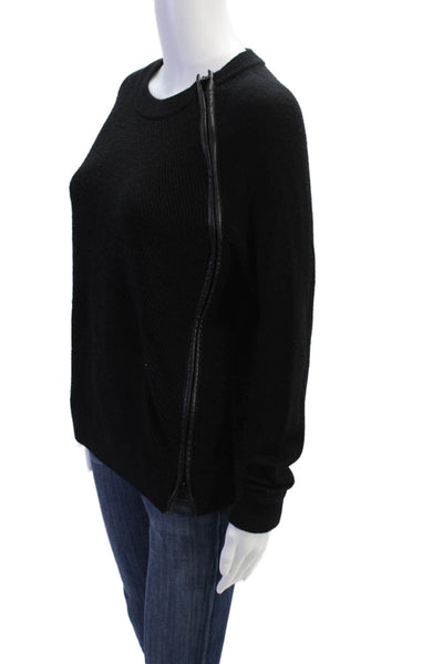 Vince Womens Wool Leather Trim Zip Front Long Sleeve Sweater Top Black Size XS