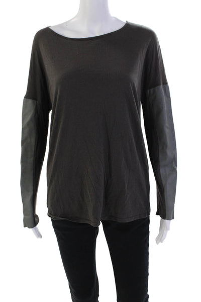 Michael Stars Womens Long Sleeve Scoop Neck Leather Trim Shirt Brown Size Small