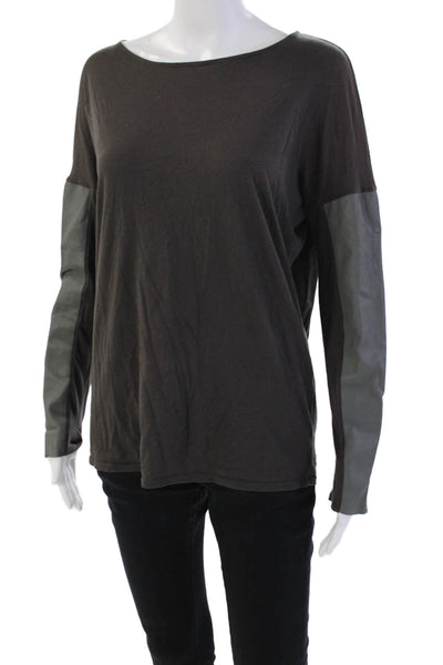 Michael Stars Womens Long Sleeve Scoop Neck Leather Trim Shirt Brown Size Small