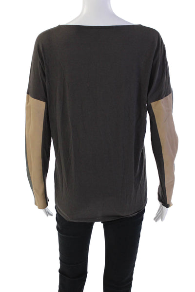 Michael Stars Womens Long Sleeve Scoop Neck Leather Trim Shirt Brown Size Small