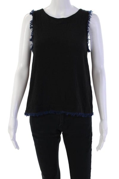 Drew Womens Sleeveless Button Back Scoop Neck Fringe Top Black Blue Size Small