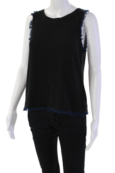 Drew Womens Sleeveless Button Back Scoop Neck Fringe Top Black Blue Size Small