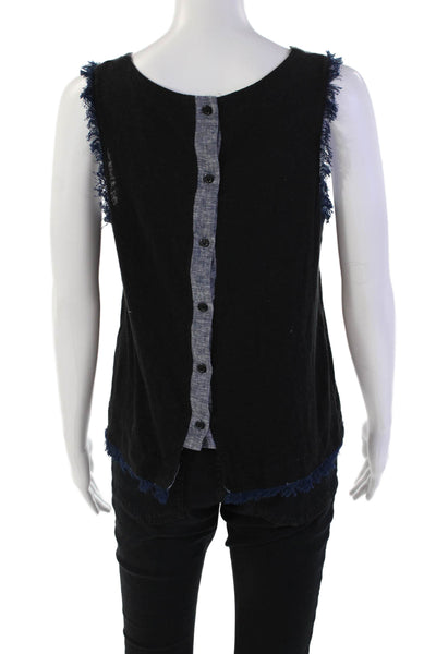 Drew Womens Sleeveless Button Back Scoop Neck Fringe Top Black Blue Size Small