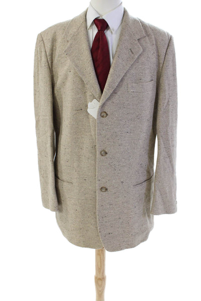 DKNY Mens Wool Chevron Print Notched Collar Buttoned Blazer Beige Size 44