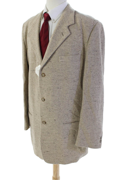 DKNY Mens Wool Chevron Print Notched Collar Buttoned Blazer Beige Size 44