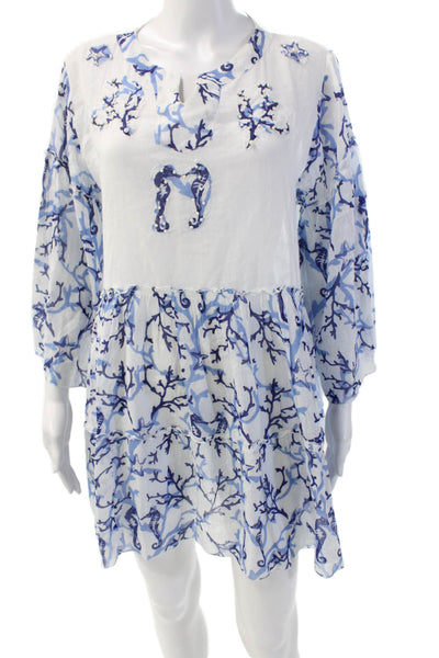 Colori Mare Women's 3/4 Sleeves Tiered Printed Mini Dress White Blue One Size