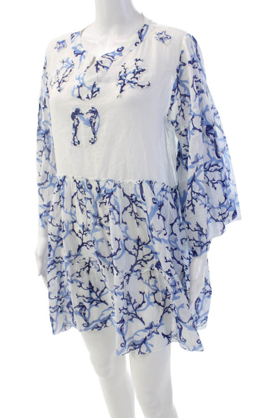 Colori Mare Women's 3/4 Sleeves Tiered Printed Mini Dress White Blue One Size