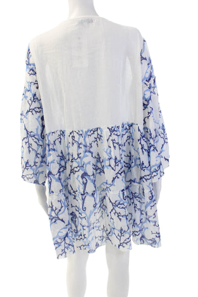 Colori Mare Women's 3/4 Sleeves Tiered Printed Mini Dress White Blue One Size