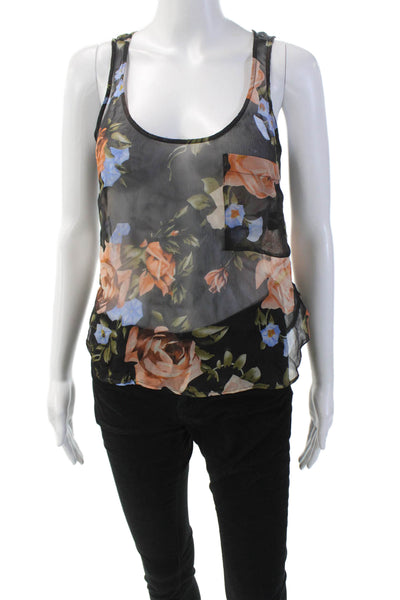 La Fee Verte Womens Silk Floral Print Scoop Neck Sheer Tank Top Black Combo Sz S