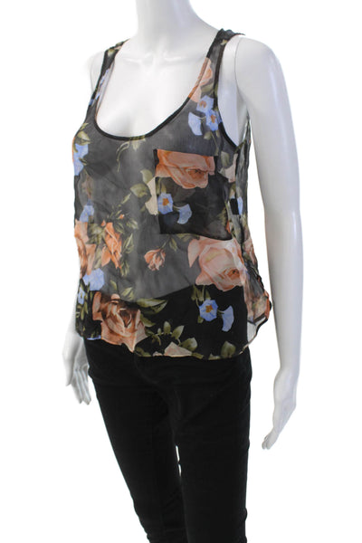 La Fee Verte Womens Silk Floral Print Scoop Neck Sheer Tank Top Black Combo Sz S