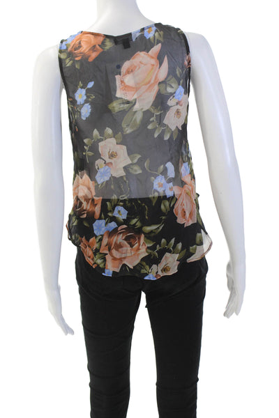 La Fee Verte Womens Silk Floral Print Scoop Neck Sheer Tank Top Black Combo Sz S