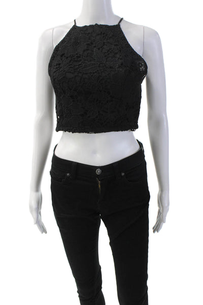 Robertson + Rodeo Womens Floral Eyelet Back Zip Halter Crop Top Black Size S