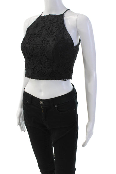 Robertson + Rodeo Womens Floral Eyelet Back Zip Halter Crop Top Black Size S