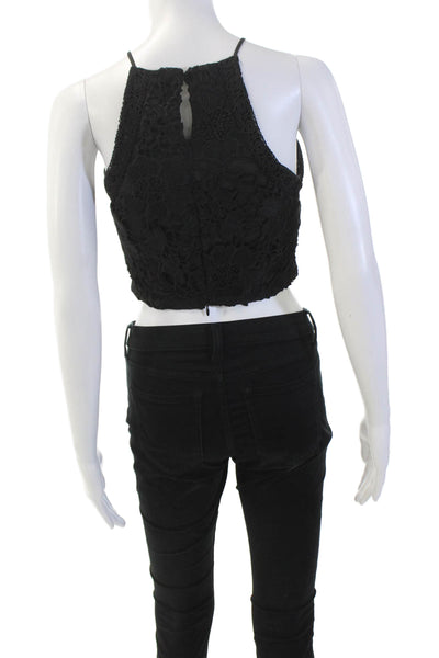 Robertson + Rodeo Womens Floral Eyelet Back Zip Halter Crop Top Black Size S