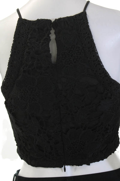 Robertson + Rodeo Womens Floral Eyelet Back Zip Halter Crop Top Black Size S
