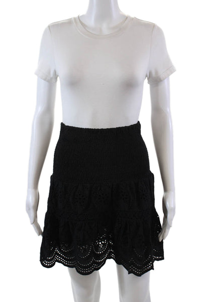 Bell Womens Smocked Eyelet Knee Length A Line Skirt Black Cotton Size XS