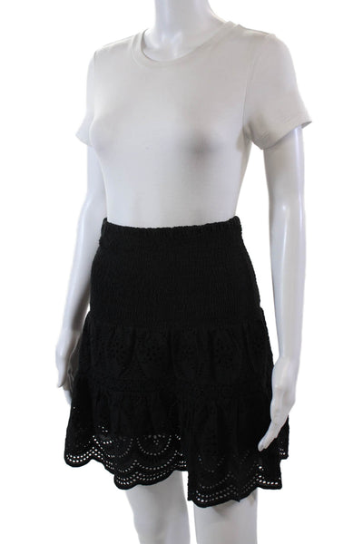 Bell Womens Smocked Eyelet Knee Length A Line Skirt Black Cotton Size XS